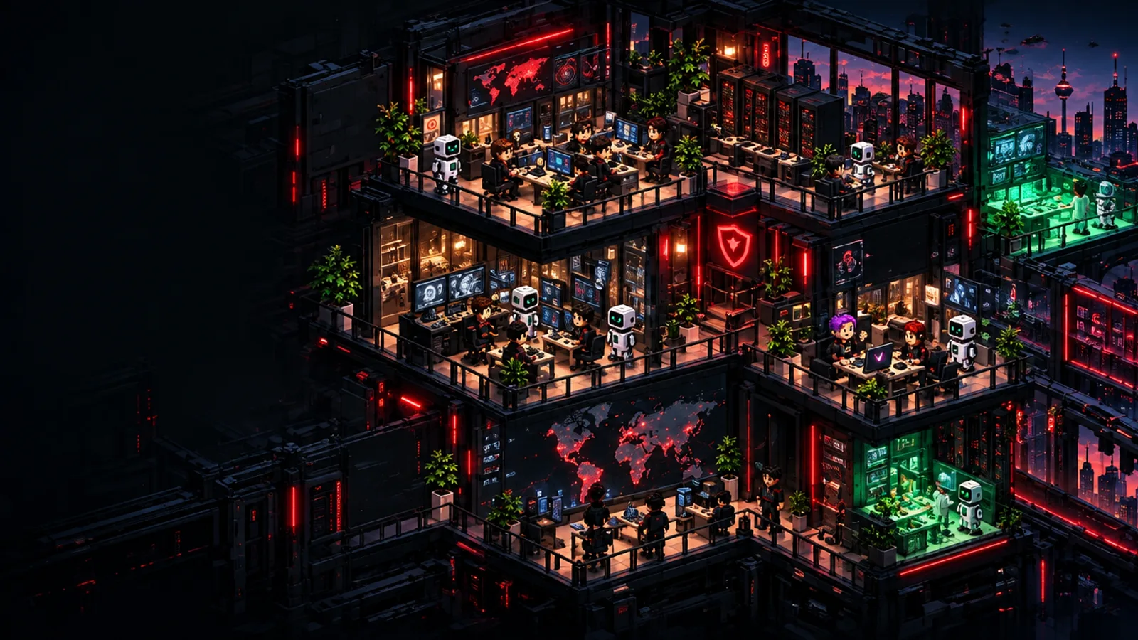 AEGIS: Security. Trust. Recovery.. People and AI share a detailed isometric environment.