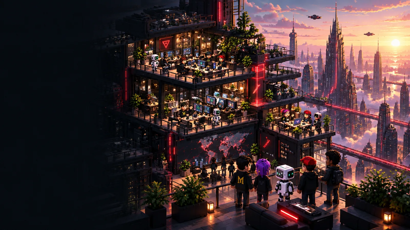 People and an AI companion look toward a connected city and a brighter tomorrow.