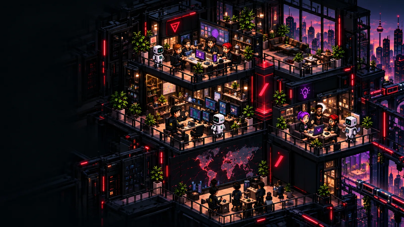 GiGs: People + opportunity. People and AI share a detailed isometric environment.