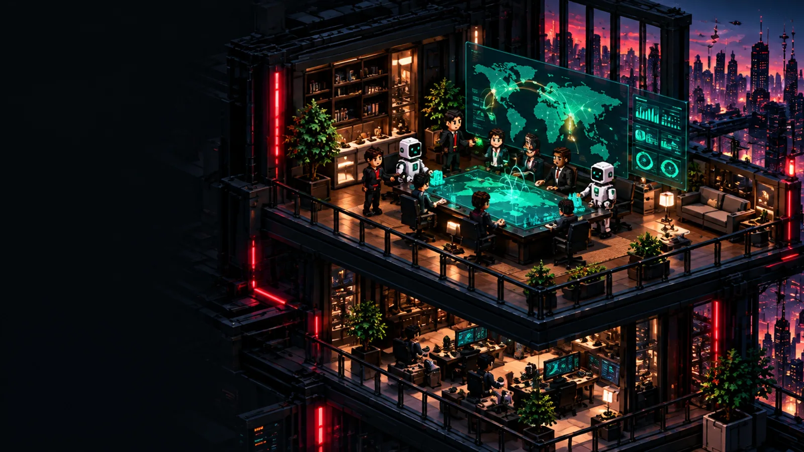 HEA: Executive intelligence. People and AI share a detailed isometric environment.