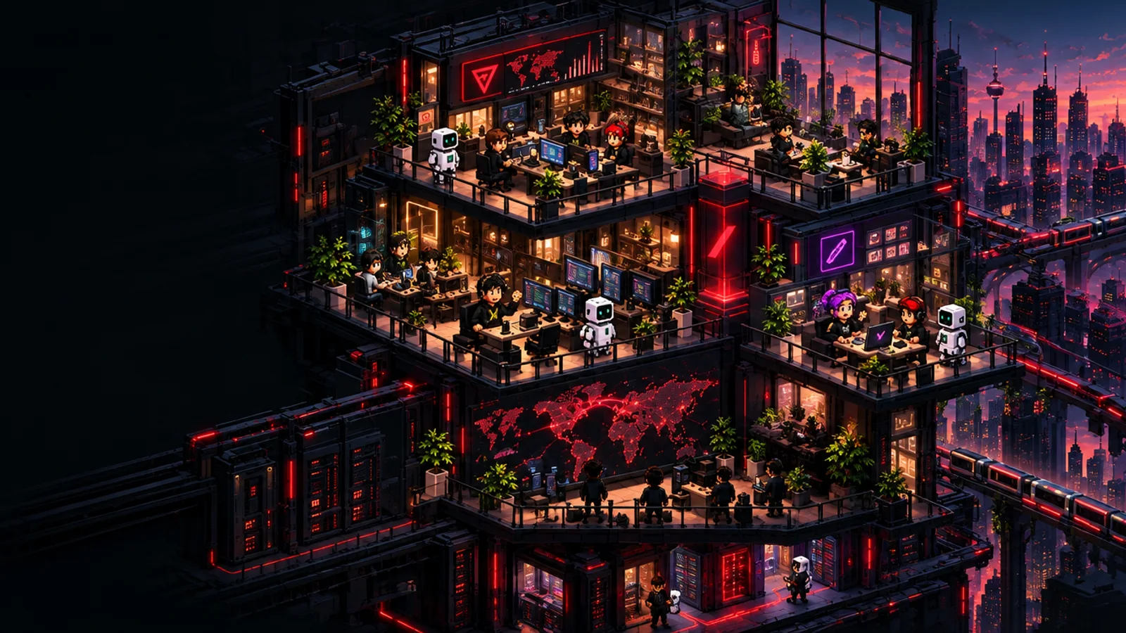 A multilevel isometric building where people and AI agents collaborate across connected offices.