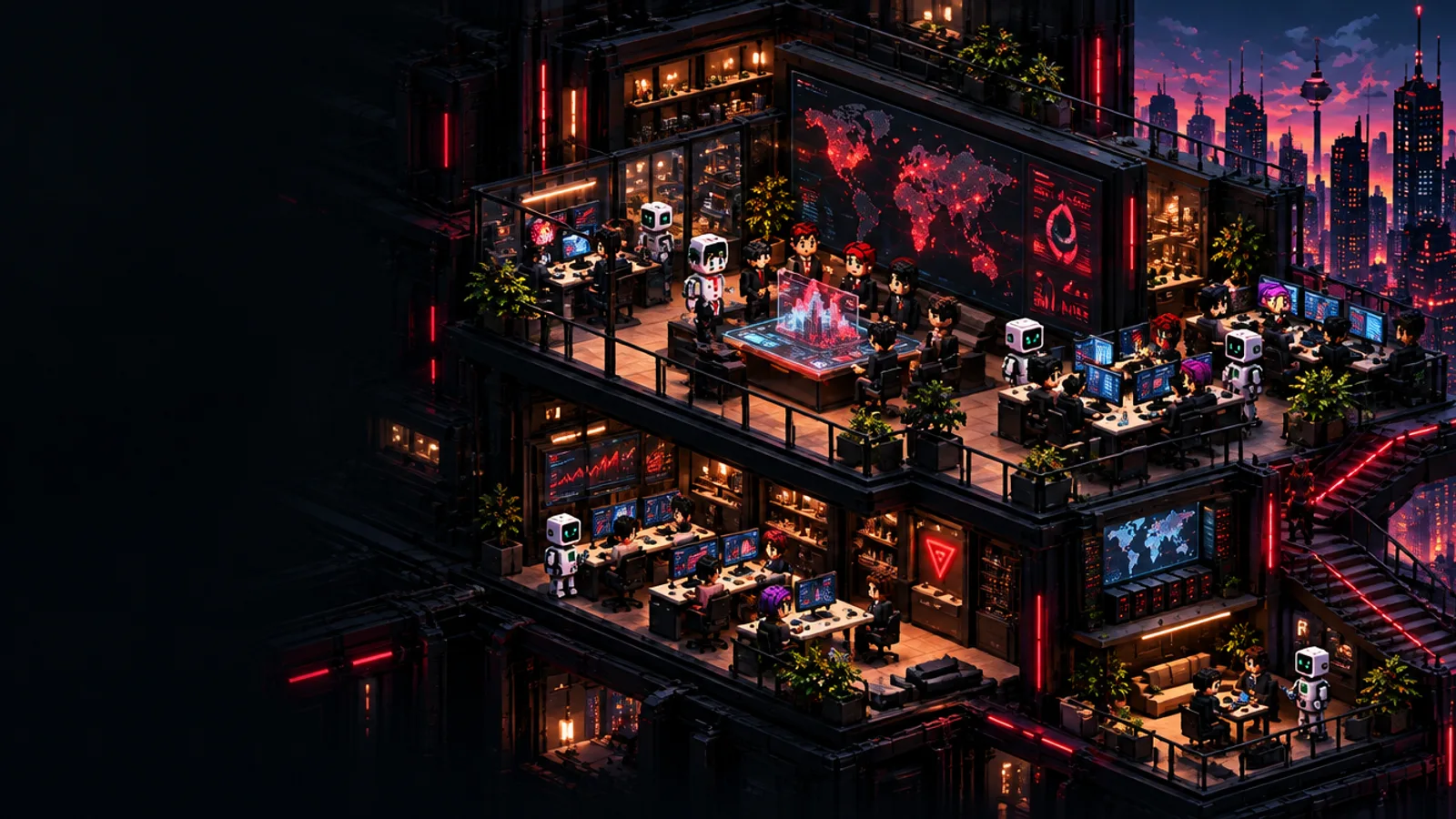 Lead: Opportunity intelligence. People and AI share a detailed isometric environment.