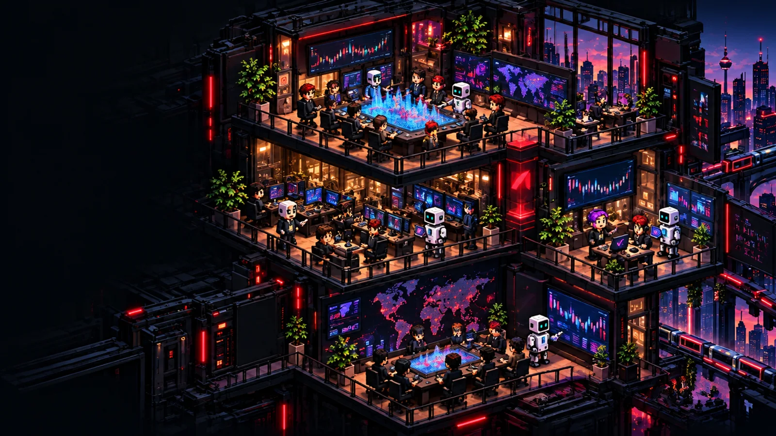 Quant: Markets. Intelligence. Action.. People and AI share a detailed isometric environment.