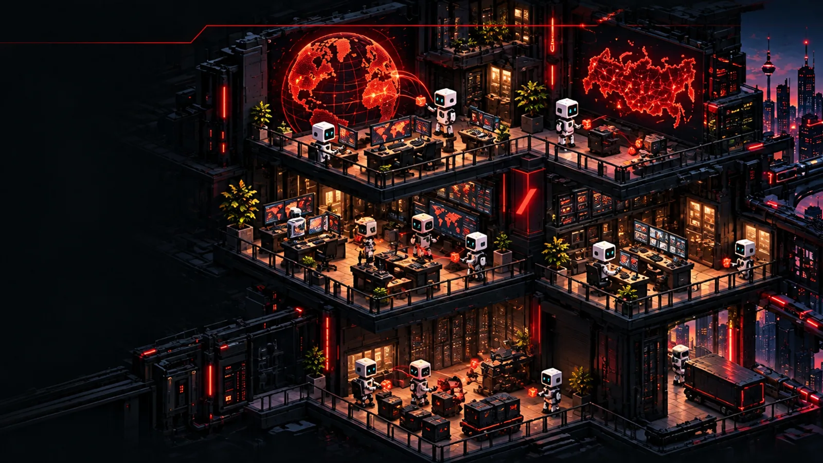 Velik: Autonomous growth operations. People and AI share a detailed isometric environment.