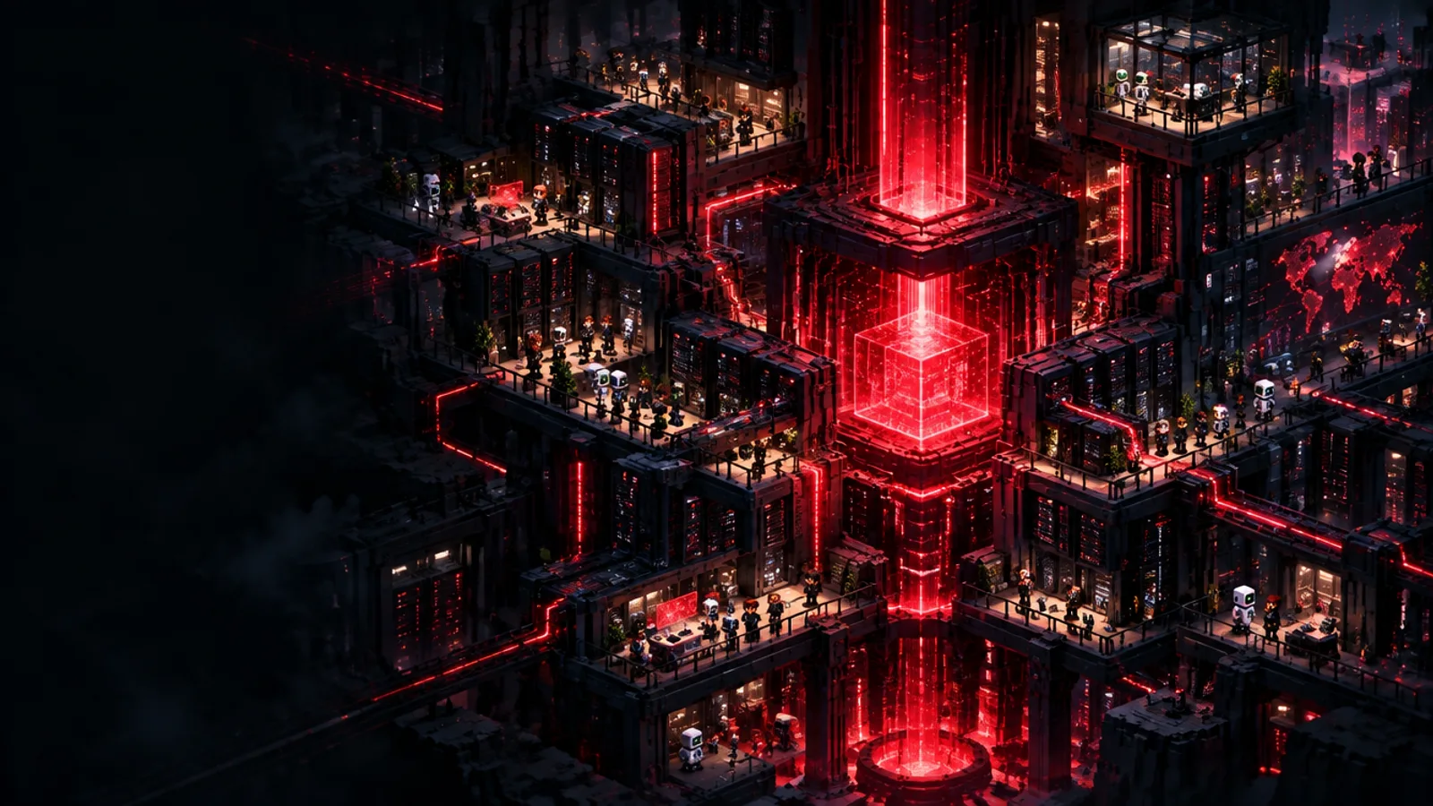 VeliOS: The ecosystem operating layer. People and AI share a detailed isometric environment.