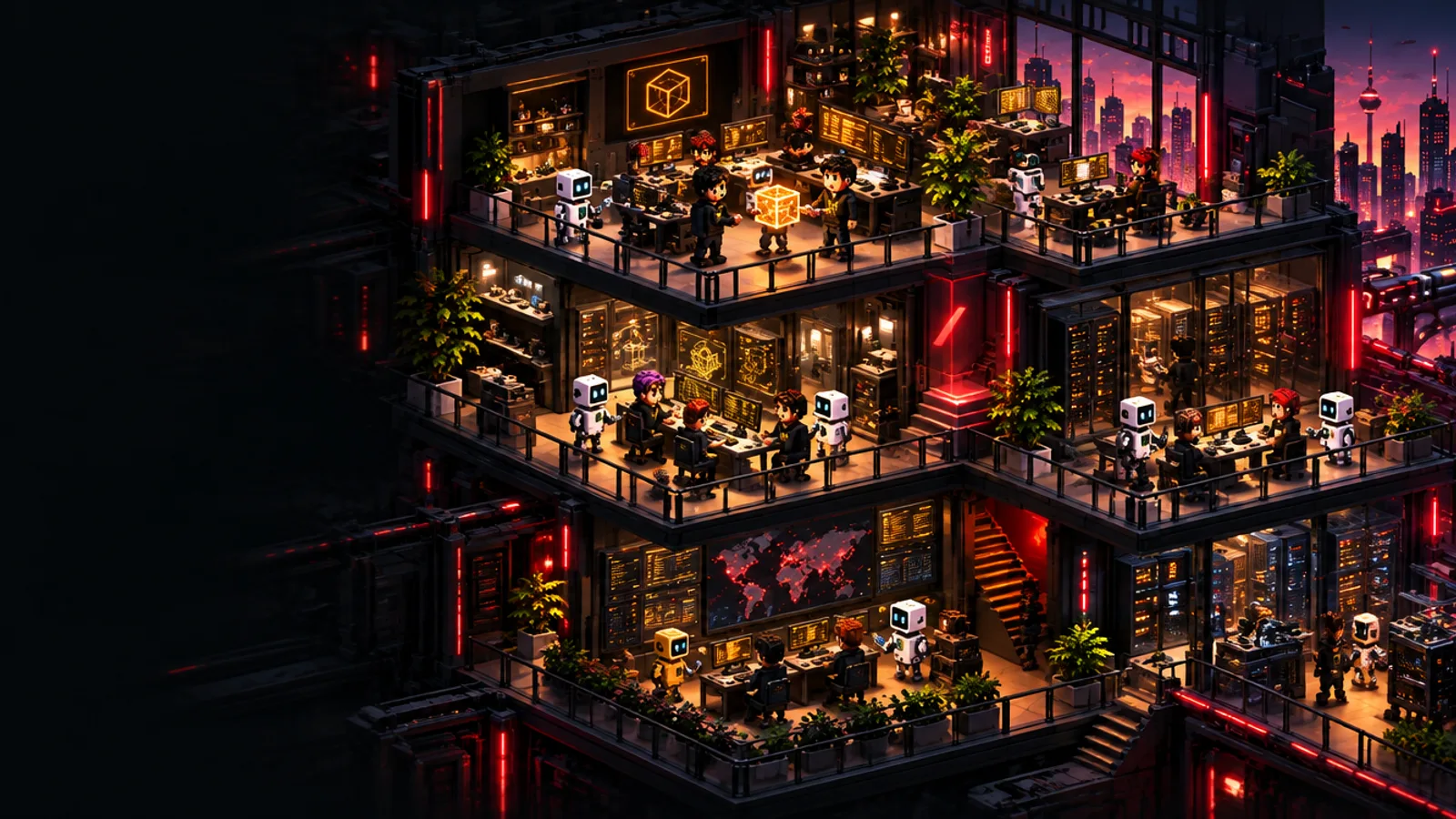 Worker: Human + AI execution. People and AI share a detailed isometric environment.